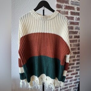 HYFVE Boutique Cream, Brown, and Green Striped Sweater Size Large Women’s